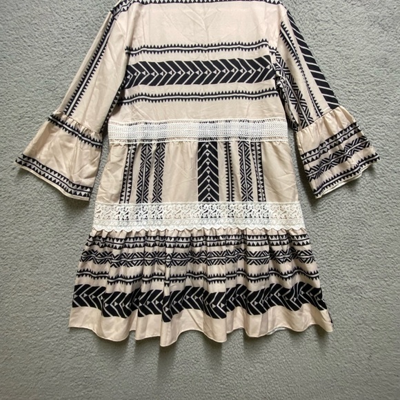 Womens Dress Large Pink Black Striped Smocked 3/4 Sleeve Lace - Picture 4 of 8